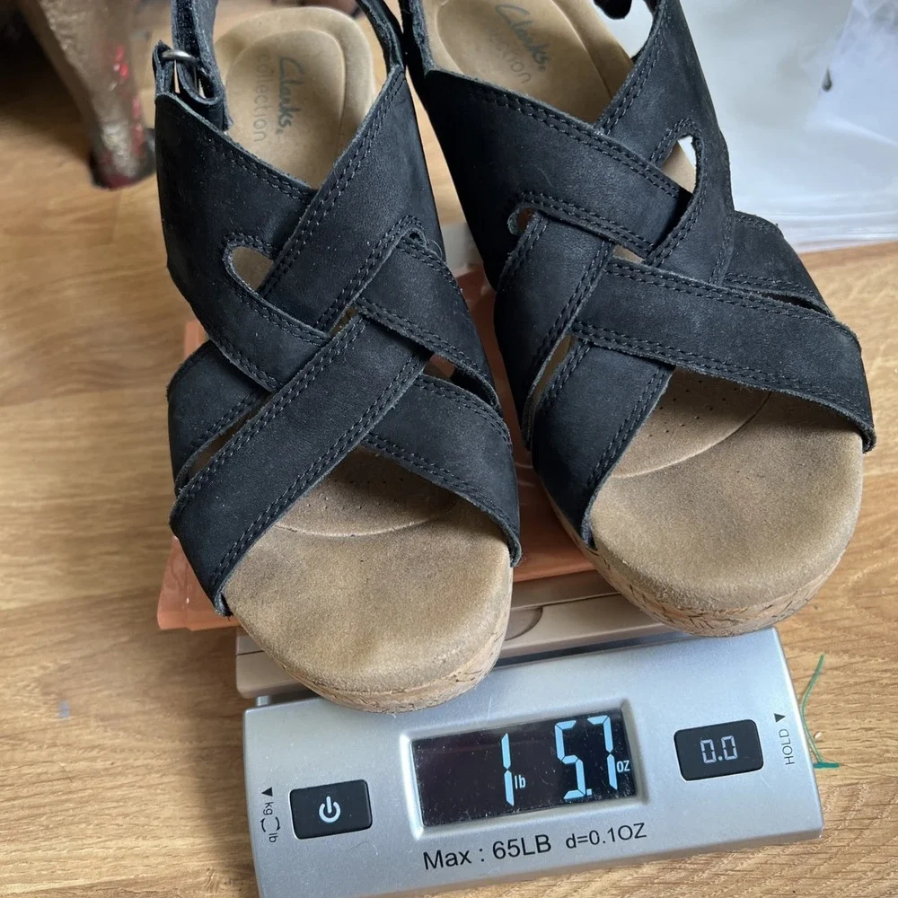 Clarks Rose Wedge Sandal Womens Size 9 Black Ultimate Comfort Nubuck Leather 40